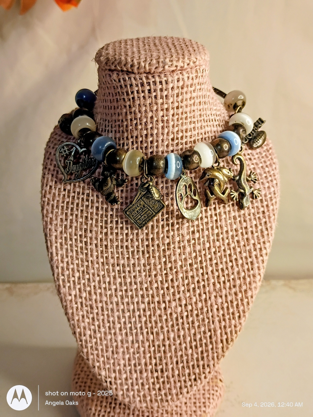 Boutique Blue and White Beaded .925 Charm Bracelet